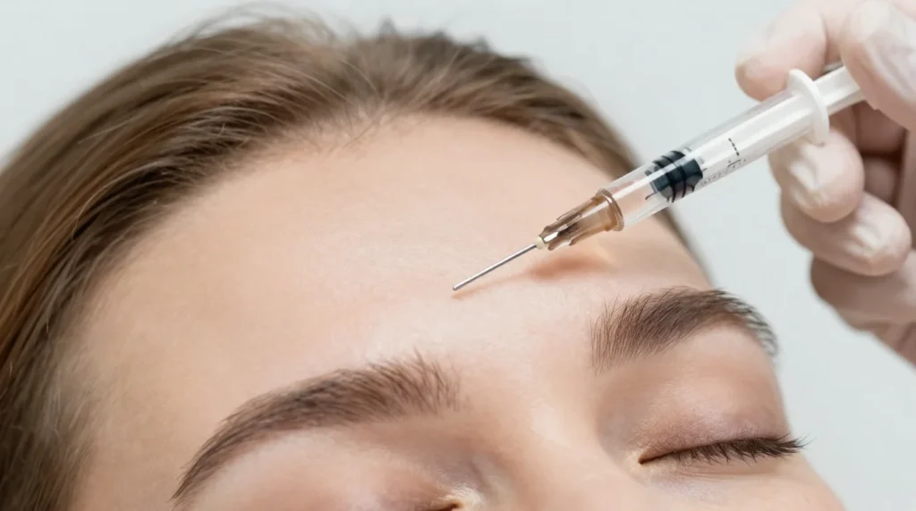 Close-up of Botox injection into forehead for wrinkle prevention at kalon Dermatology Brooklyn