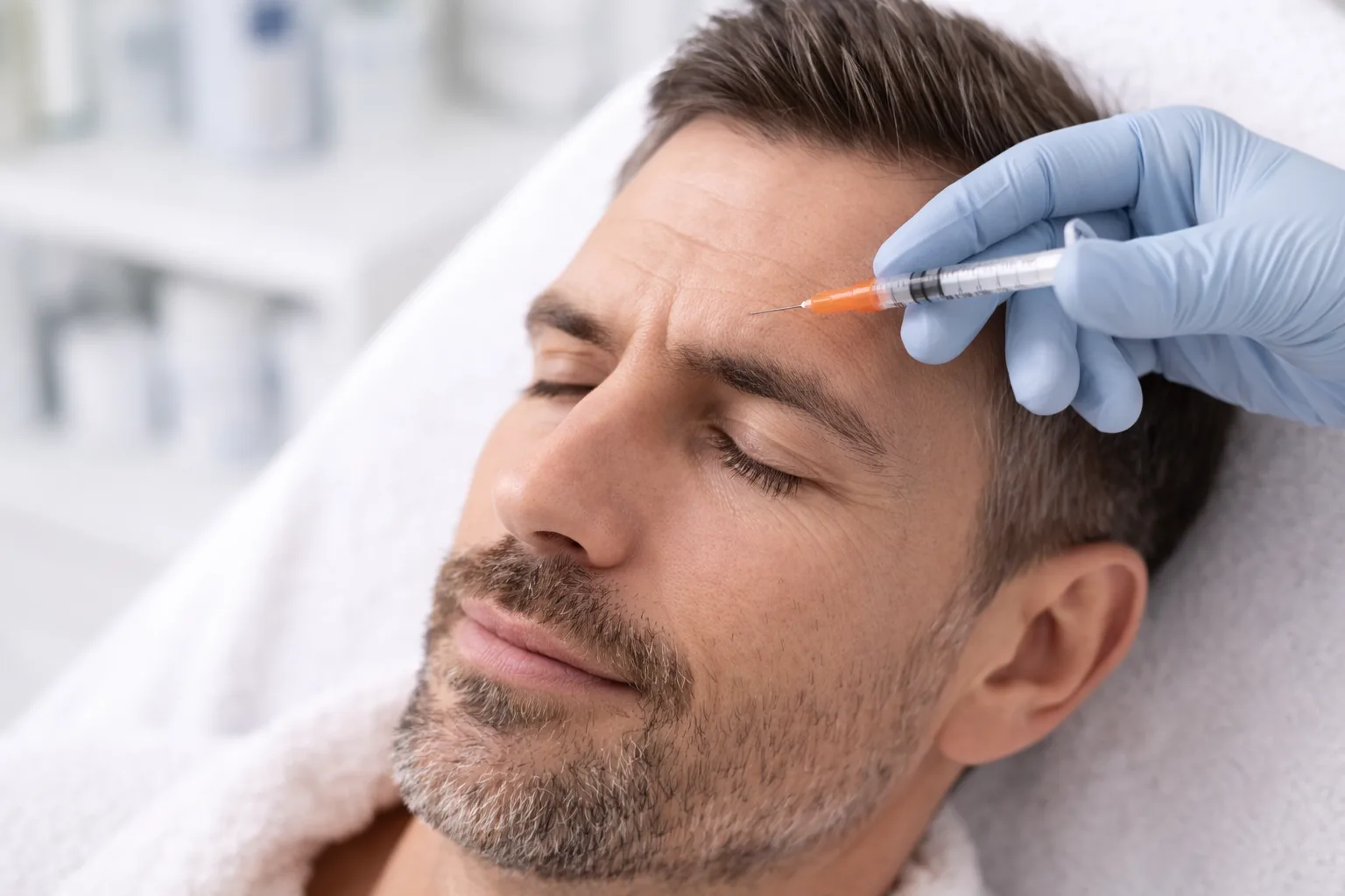 Man receiving Botox injection on forehead at a dermatology clinic