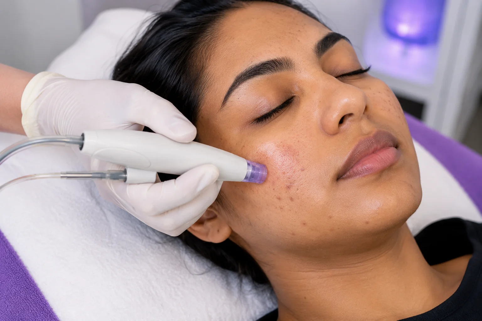 HydraFacial wand treating acne on patient cheek at dermatology office