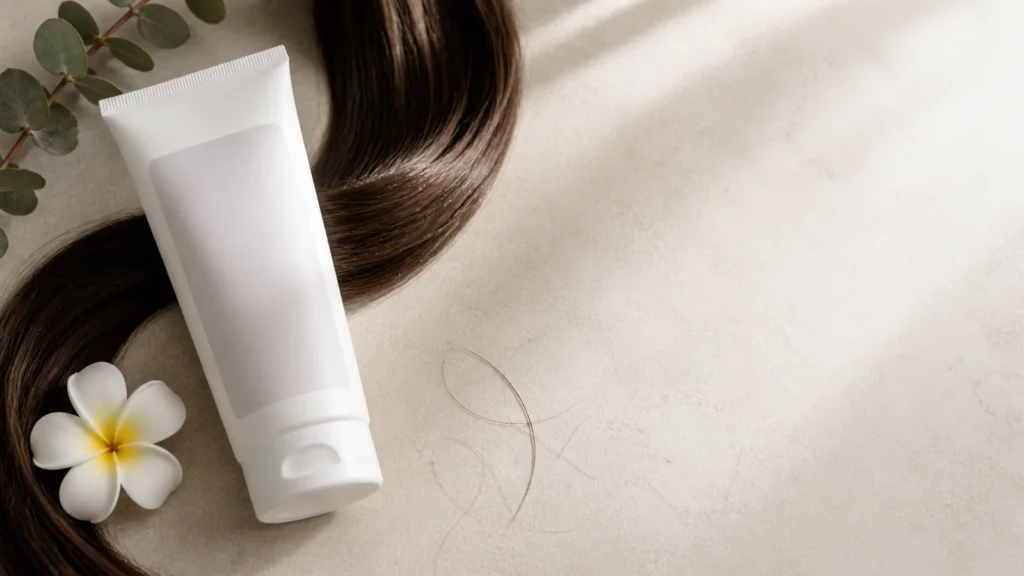 Hair conditioner tube on cream surface beside healthy dark hair, eucalyptus leaves, plumeria flower, and a few loose hair strands, dermatology blog header