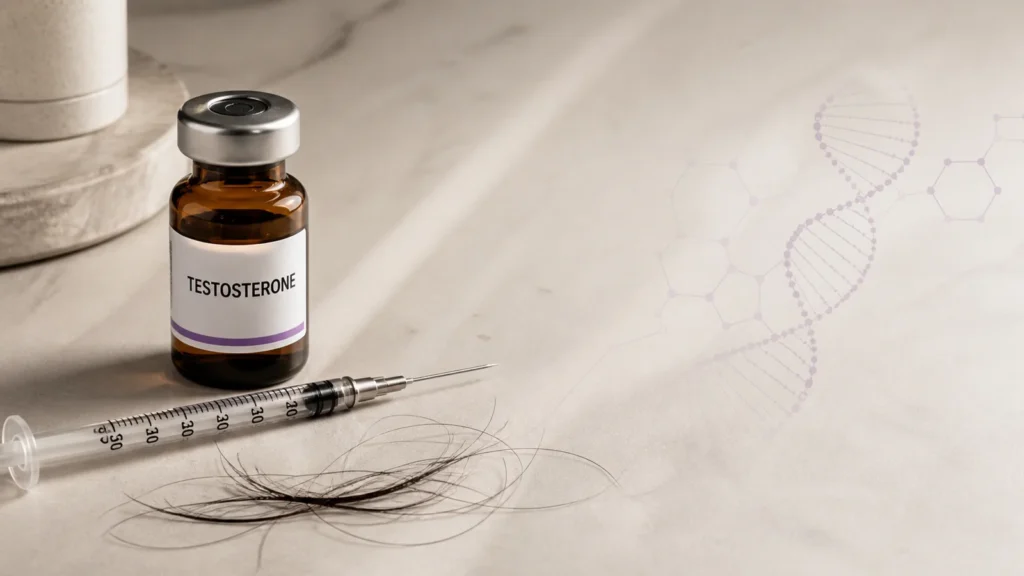 Testosterone vial, syringe, and loose hair strands on marble with faint DNA helix illustration, dermatology blog header