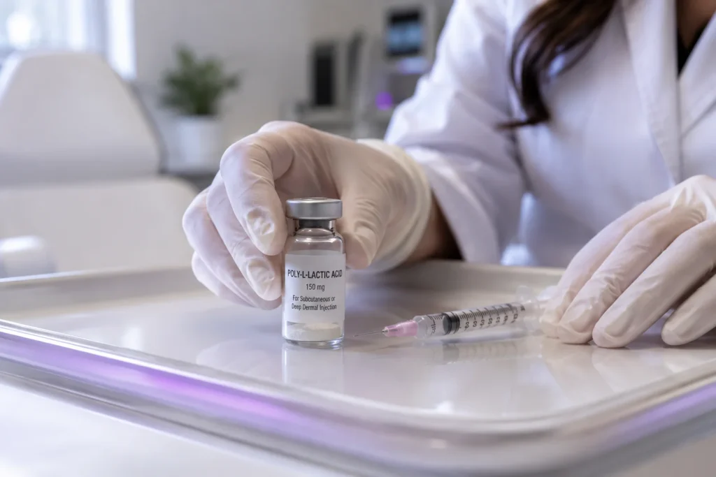 Sculptra vial and syringe on a sterile dermatology tray