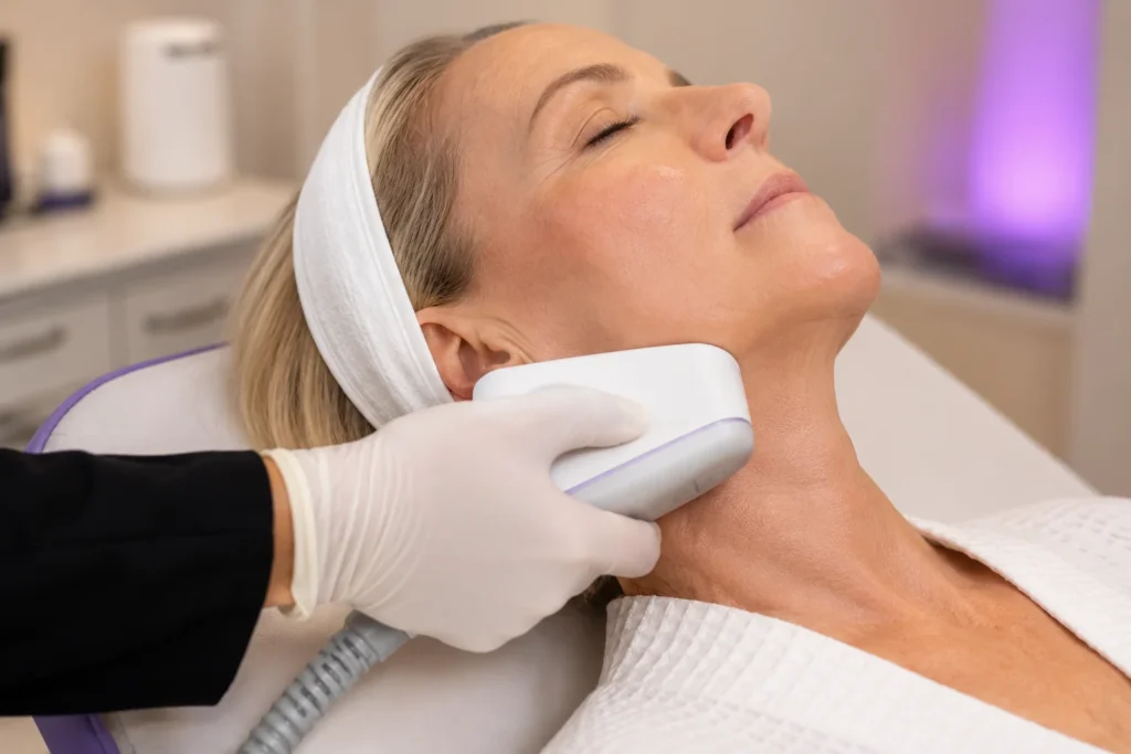 Sofwave ultrasound transducer treatment on jawline of mature patient